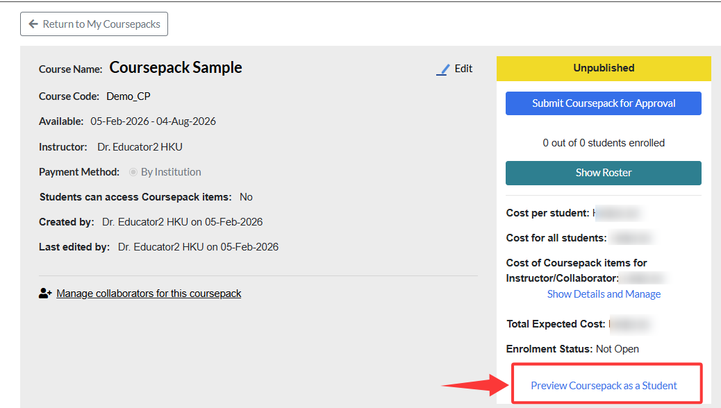 preview option on the coursepack page